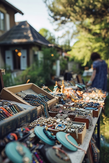 Realistic scene at a neighborhood yard sale with miscellaneous items