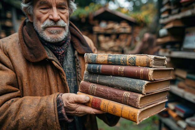 Realistic scene with books at a neighborhood yard sale