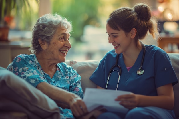 Free photo realistic scene with health worker taking care of elderly patient