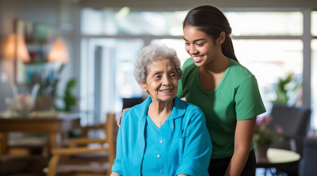 Realistic scene with health worker taking care of elderly patient