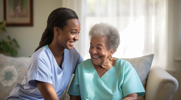 Realistic scene with health worker taking care of elderly patient