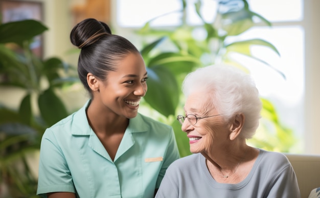 Realistic scene with health worker taking care of elderly patient