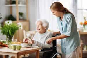 Free photo realistic scene with health worker taking care of elderly patient