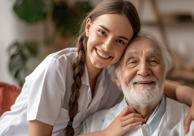 Realistic scene with health worker taking care of elderly patient