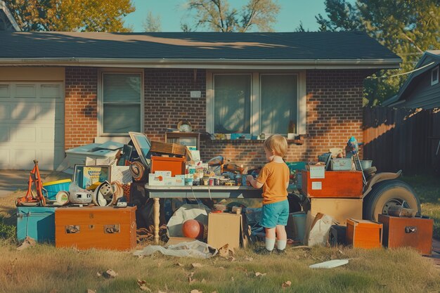 Realistic scene with little child at a neighborhood yard sale