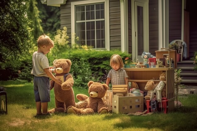 Realistic scene with little child at a neighborhood yard sale