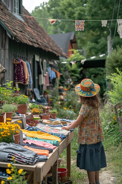 Realistic scene with little child at a neighborhood yard sale