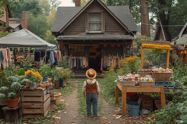 Realistic scene with little child at a neighborhood yard sale