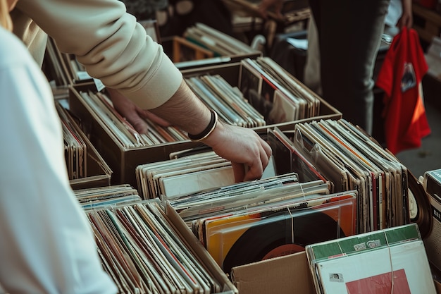 Realistic scene with vinyl records at a neighborhood yard sale