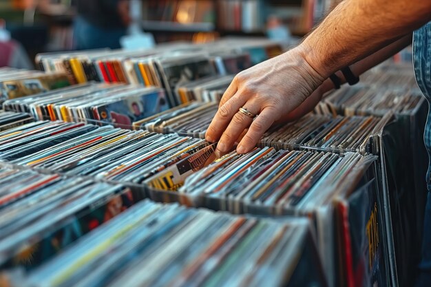 Realistic scene with vinyl records at a neighborhood yard sale