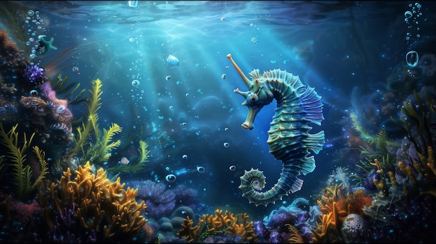 Realistic seahorse animal in the wild underwater environment