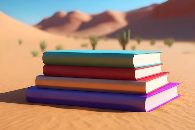 Realistic stacked books in a desert landscape