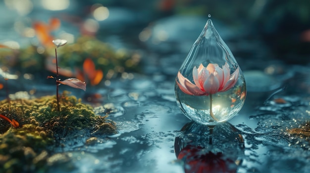 Realistic water drop with an ecosystem for world water day