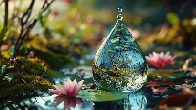 Realistic water drop with an ecosystem for world water day