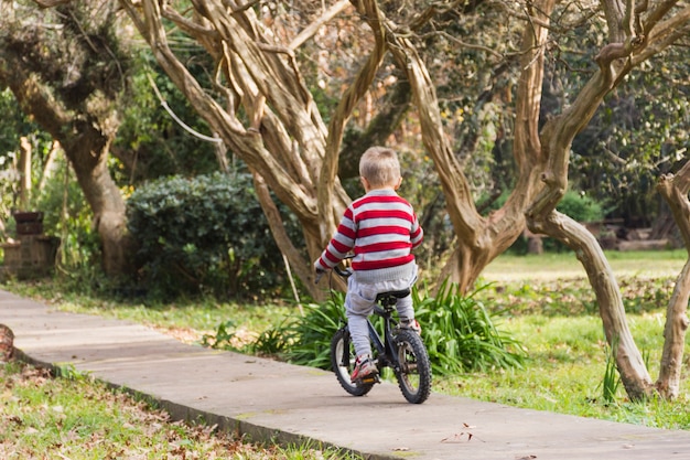 Rear view of boy riding bicycle on concrete path