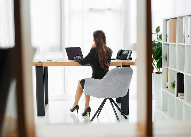 Rear view of a businesswoman working on laptop seen through glass window