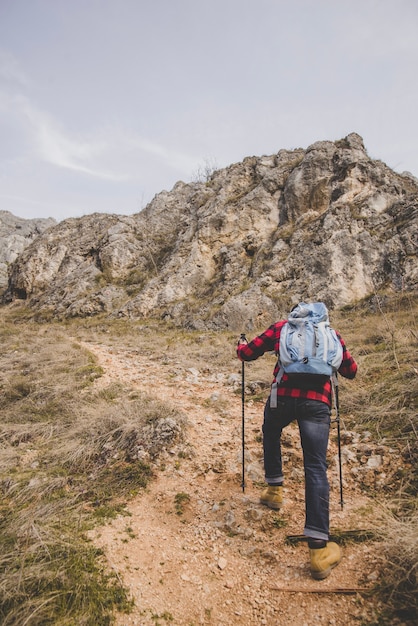 Free photo rear view of hiker with backpack walking