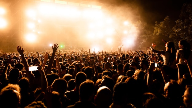 Free Photo rear view of large group of music fans in front of the stage during music concert by night copy space