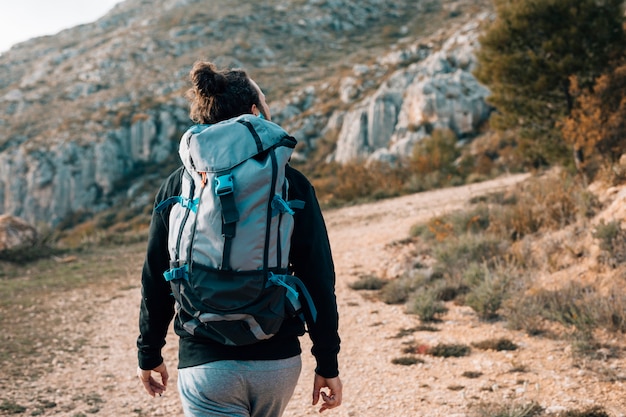 Free photo rear view of a male hiker with backpack hiking in the mountains