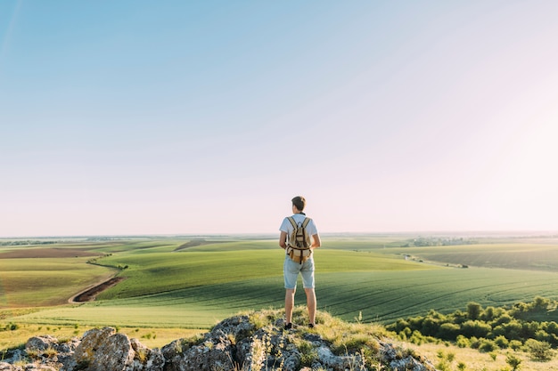 Rear view of male hiker with backpack looking at green rolling landscape