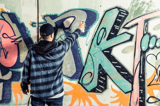 Free photo rear view of a man making graffiti on wall