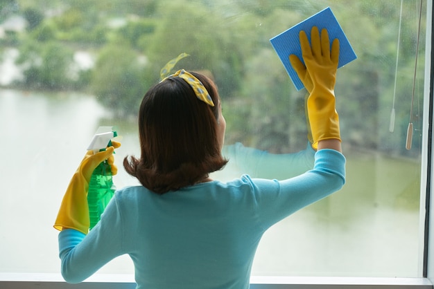 Free Photo rear view of pin-up housekeeper cleaning panoramic window with spray cleaner and sponge