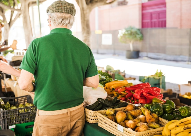 Free Photo rear view of senior man standing at vegetable and fruit stall