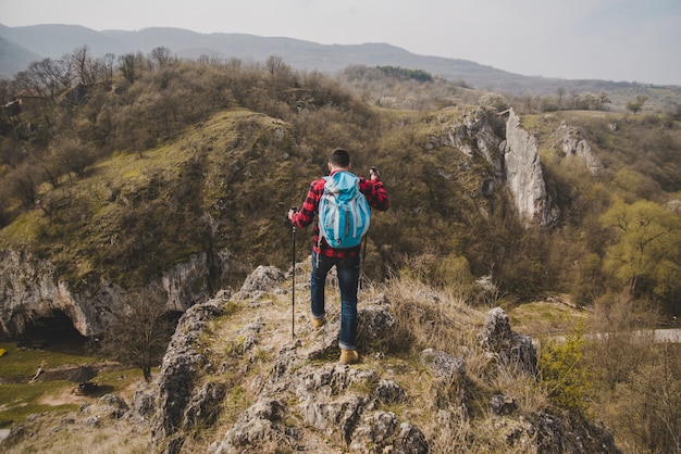 Rear view of traveler enjoying nature