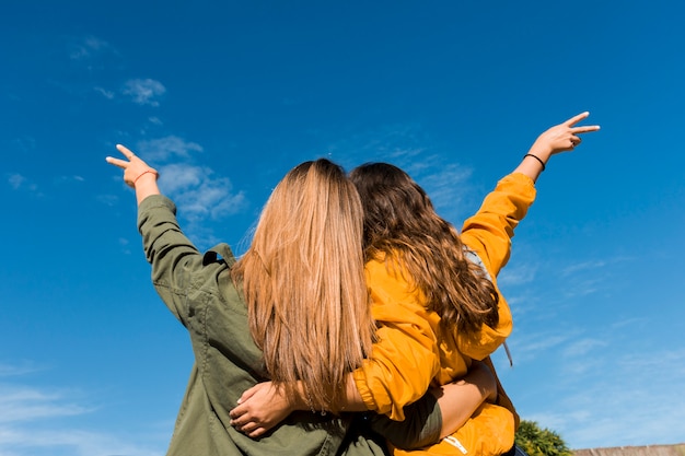 Rear view of two friends gesturing victory sign against blue sky