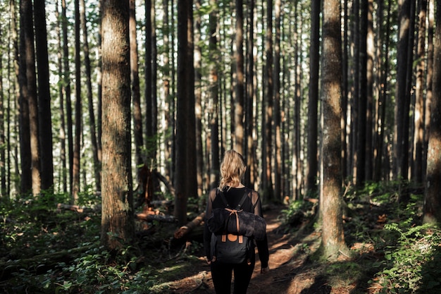 Free photo rear view of woman with her backpack walking in the forest