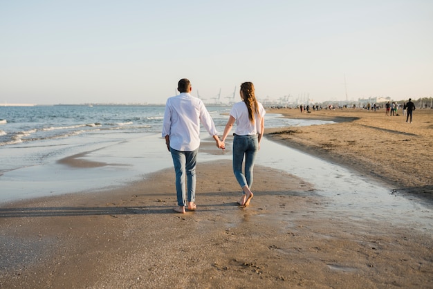 Rear view of a young couple walking near the seacoast at beach