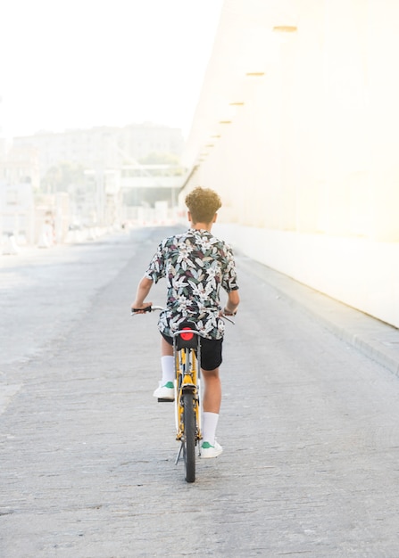 Rear view of a young man riding bicycle on street