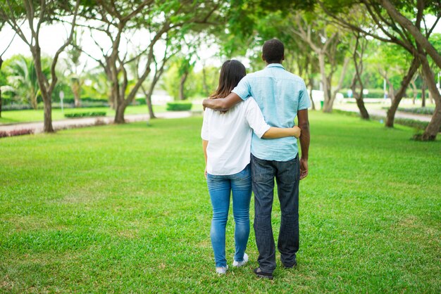 Rear view of young multiethnic couple embracing and walking in park.