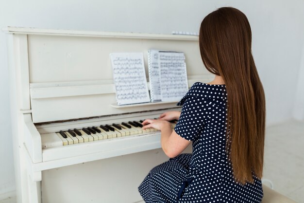 Rear view of young woman with long hair playing piano