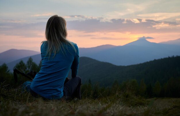 Recreation in the mountains at sunset in summer