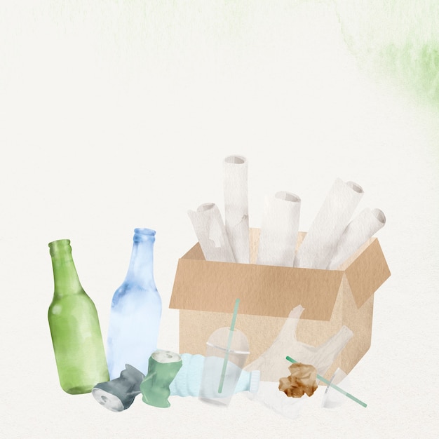 Recyclable waste environment wallpaper in watercolor illustration