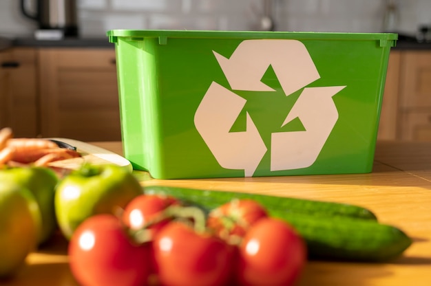 Recycling basket on kitchen table