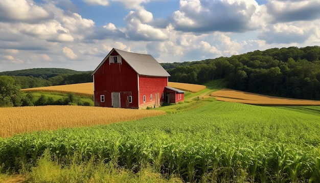 A red barn sits in a field of corn.