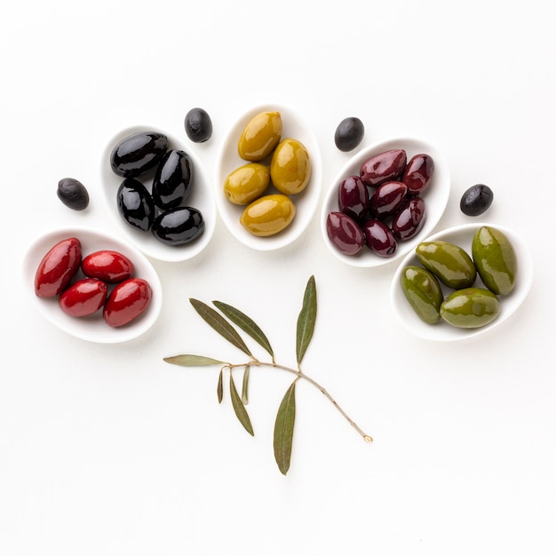 Free photo red black yellow purple olives on plates with leaves