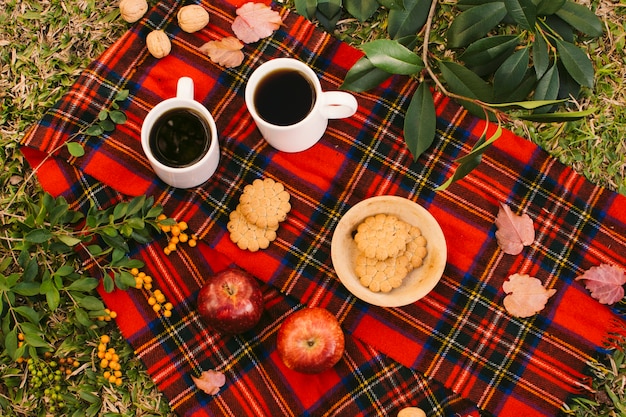 Free photo red blanket with tea and cookies