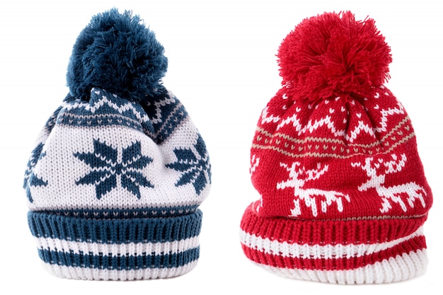 Red blue winter bobble ski hat isolated white