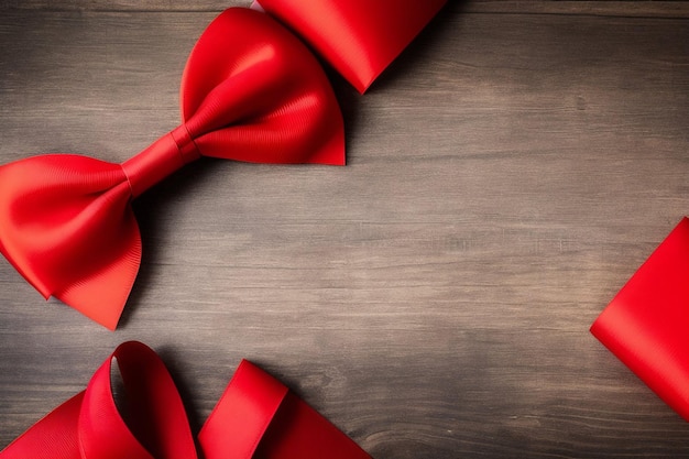 Free photo a red bow with a white ribbon on a wooden background