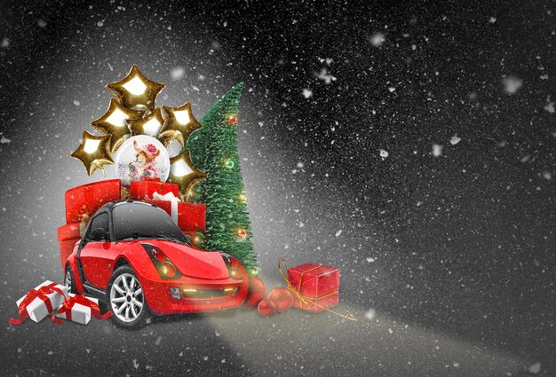 Red car on black background, headlights on. Its snowing. Christmas tree, present boxes, balloons, snow globe nearby. Collage. Copy space, close-up.