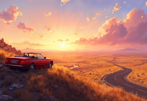 A red car is on a hill with a sunset in the background