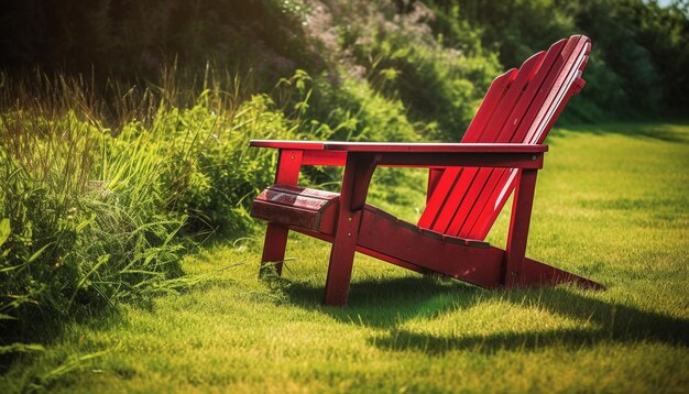 A red chair sits in a grassy field with a book on the front of it.