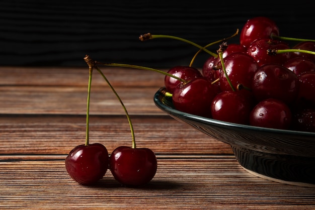 Red cherries in a plate