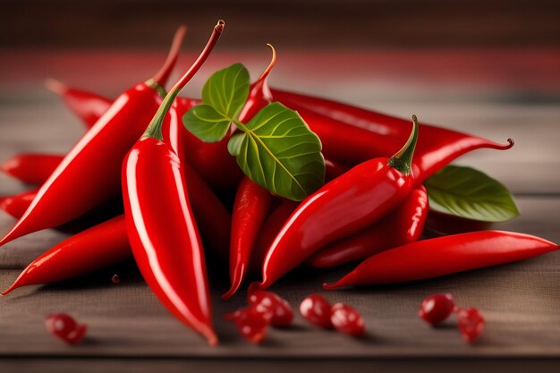 Red chili peppers on a wooden table