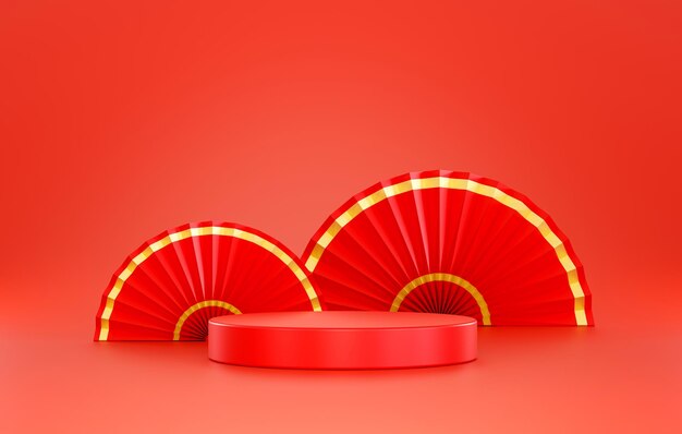 Red chinese new year podium cylinder pedestal minimal product display abstract background 3D illustration empty display scene presentation for product placement