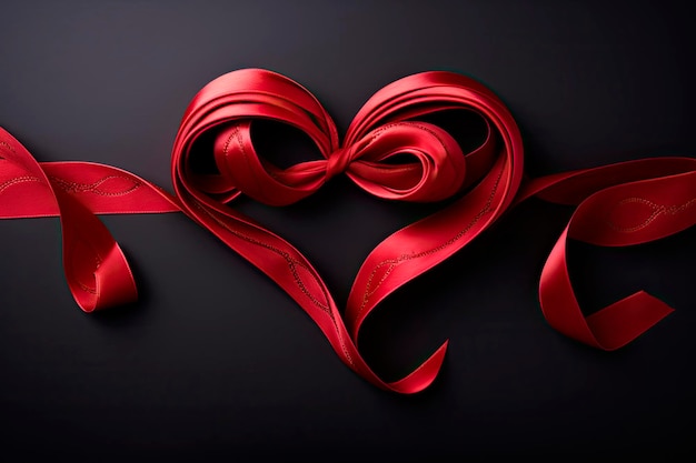 Red curled heart shape ribbon on black background