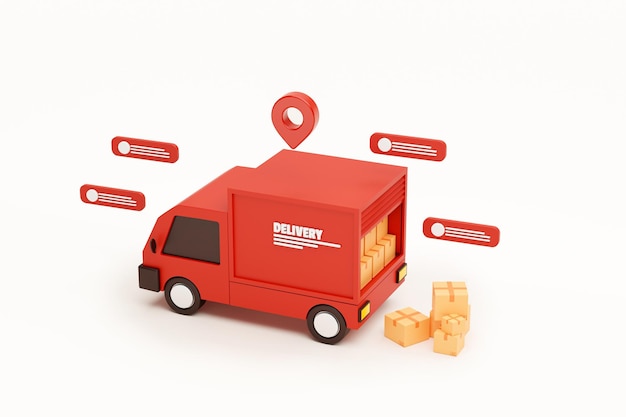 Free Photo red delivery car deliver express and pin pointer mark location and cardboard boxes with bubble chat message delivery transportation logistics concept on white background 3d rendering illustration